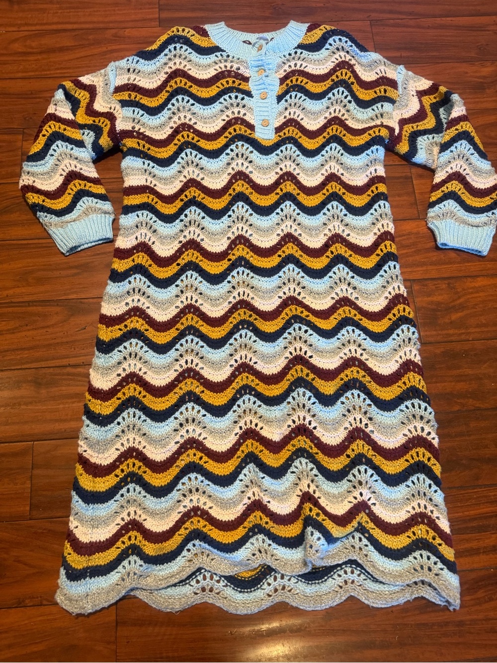 Callahan Multicolor Chevron Knit Sweater Dress in Light Blue, Burgundy, Mustard - Picture 4 of 8